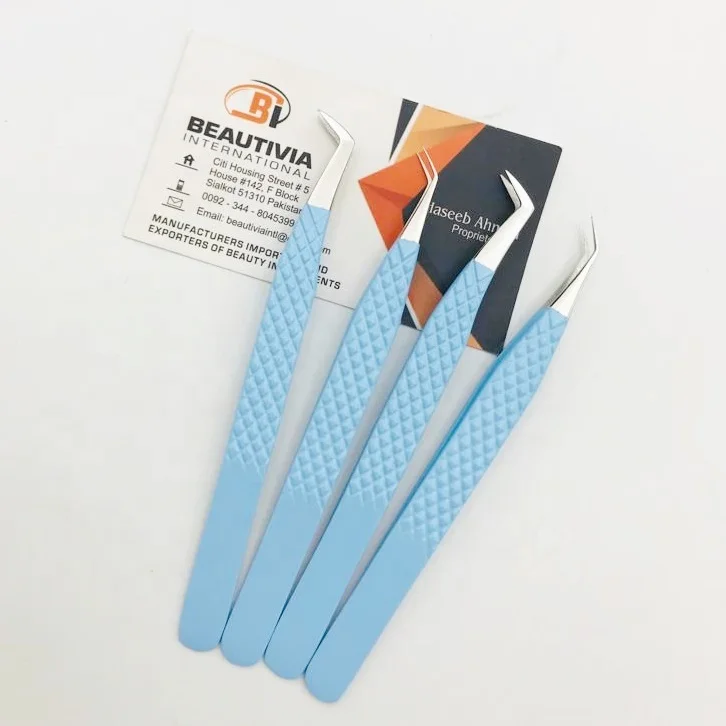 Sky Blue Color Coated Stainless Steel Hand Tested Light Weight Classic And Mega Volume Eyelash Extension Tweezers