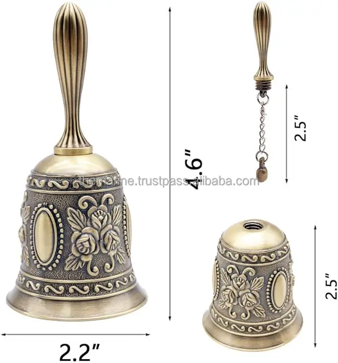 Solid Full Brass Antique Handheld Calling Bell With Elegant Flower Design for Souvenirs Gift