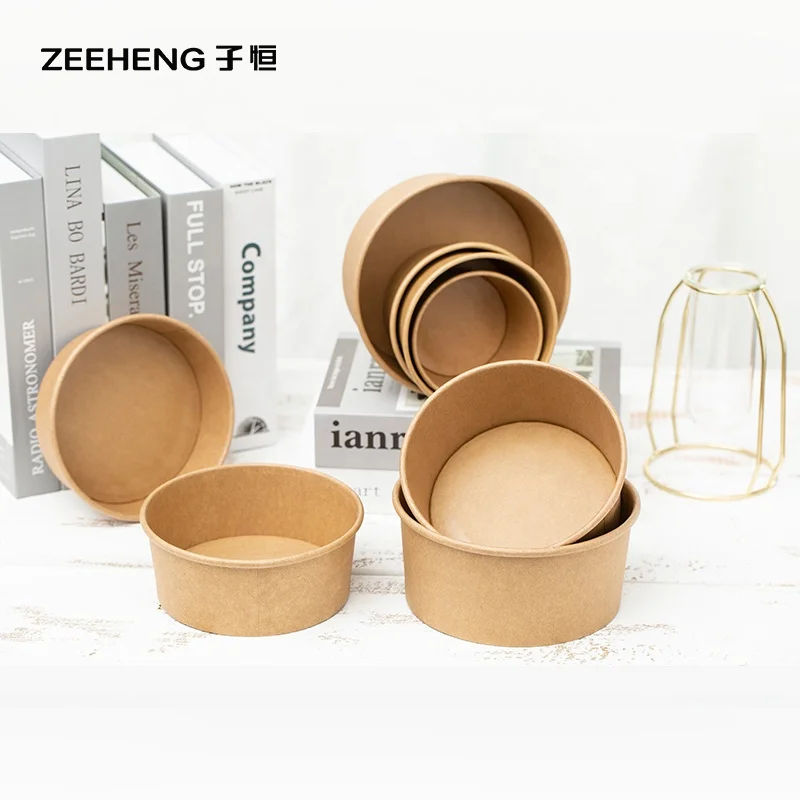 Экологичная одноразовая крафт-бумага для салата, фруктовый суп, бумажные миски, пищевые упаковочные контейнеры с крышкой