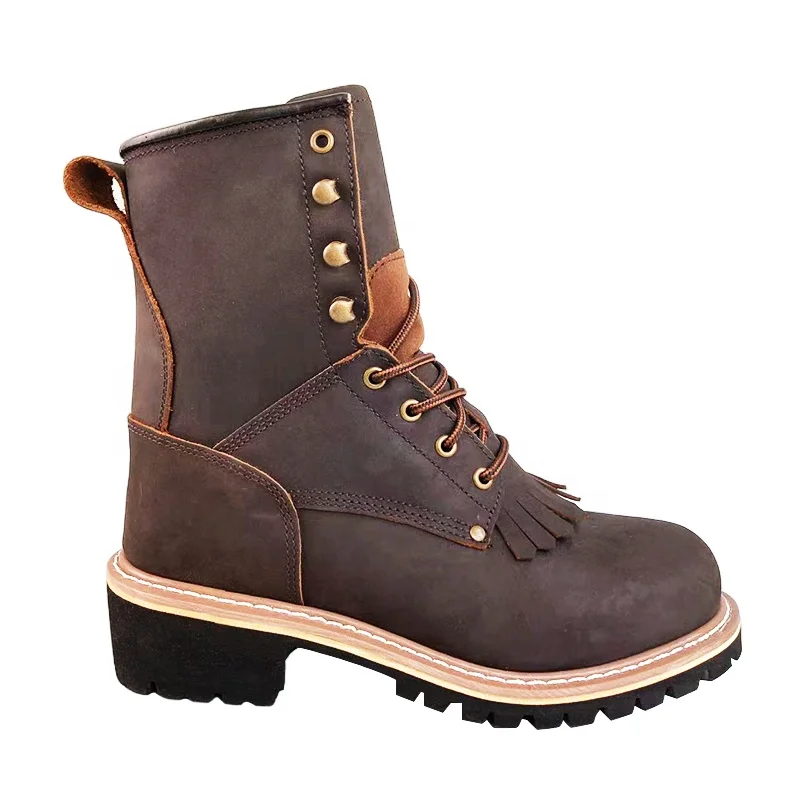 Brown Loggers Steel Toe Boots Outdoor Woodland Crazy -horse Leather Rubber Outsole Goodyear Welt Working Shoes