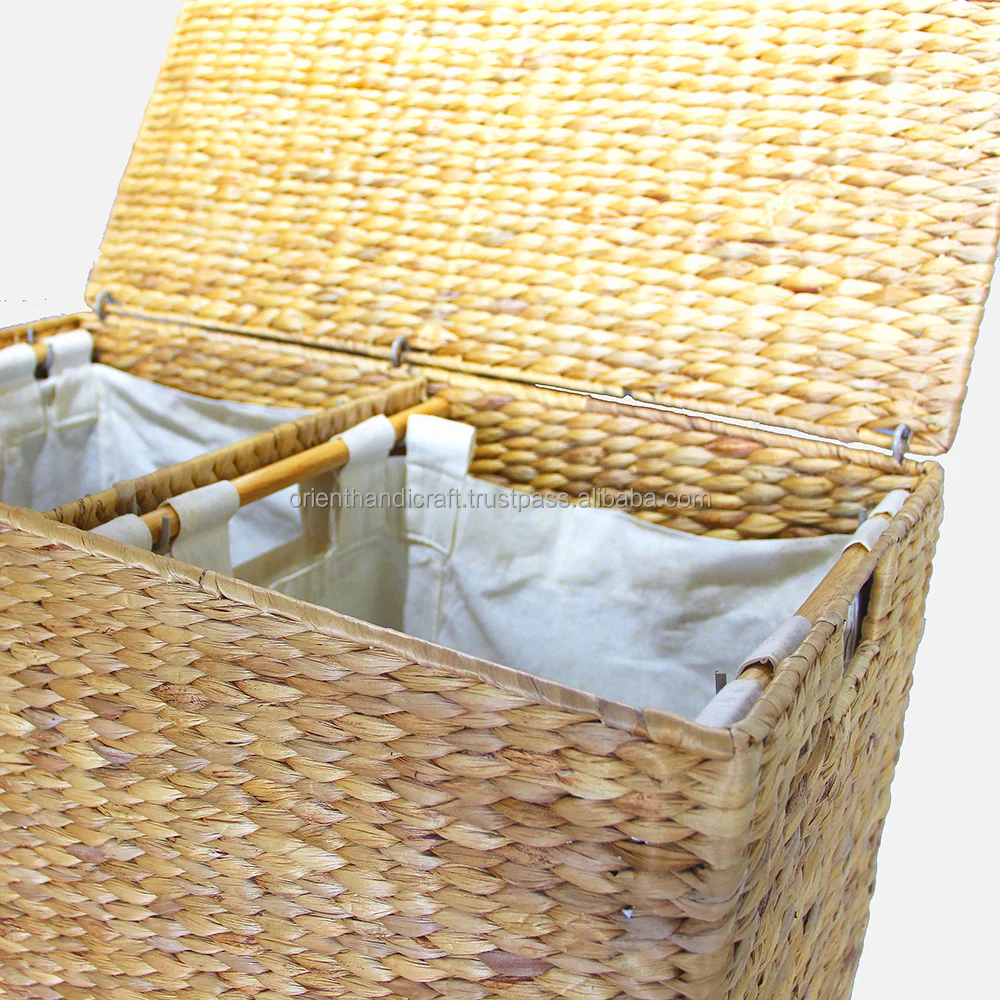 BAHAMAS Wholesale Natural Divided Water-hyacinth Double Laundry Hamper With Lid For Bathroom