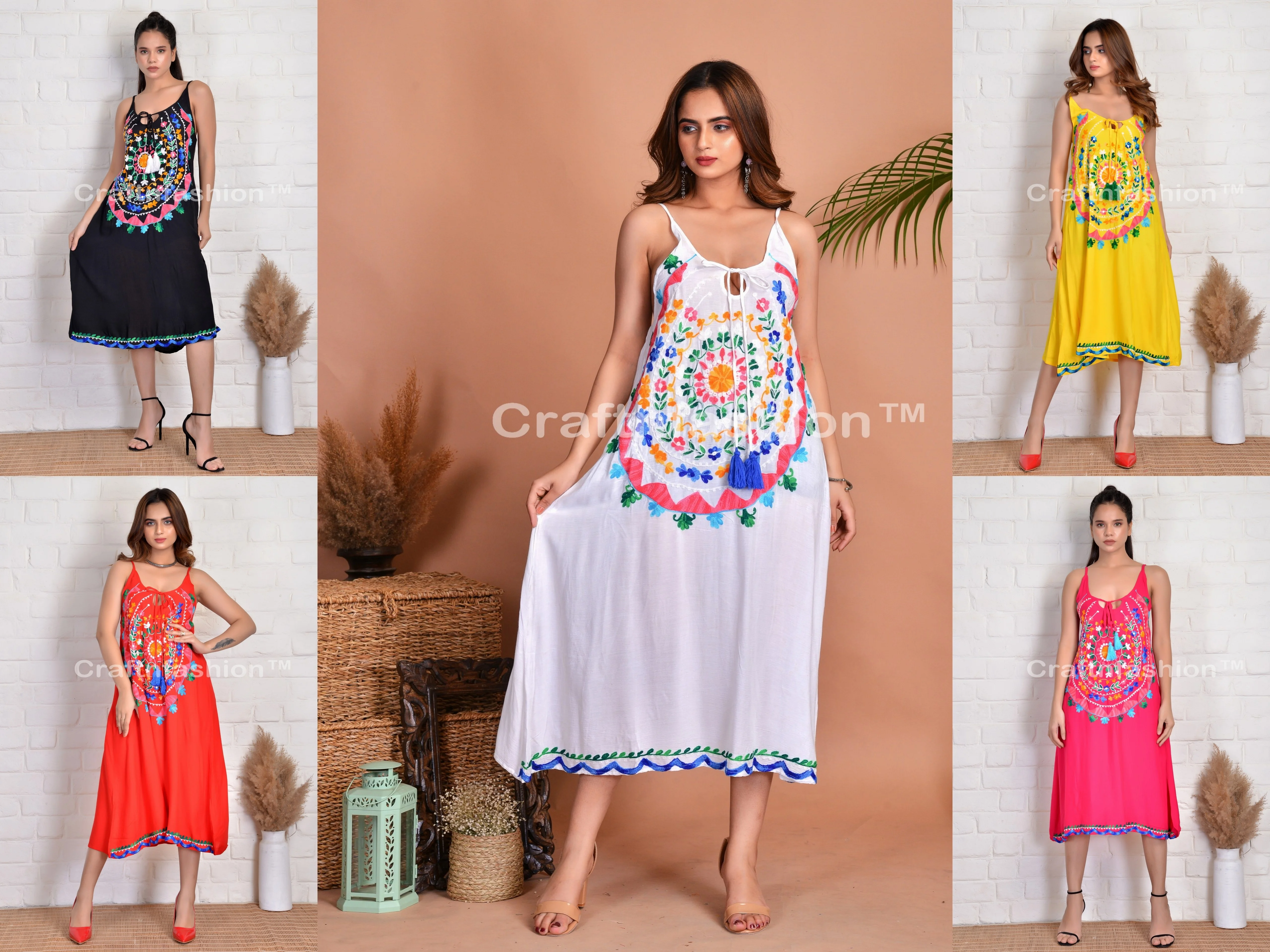 Buy Summer Fashion Mexican Boho Dress Vintage Bohemian Style Mexican Embroidered Dress Beach wear For Sale