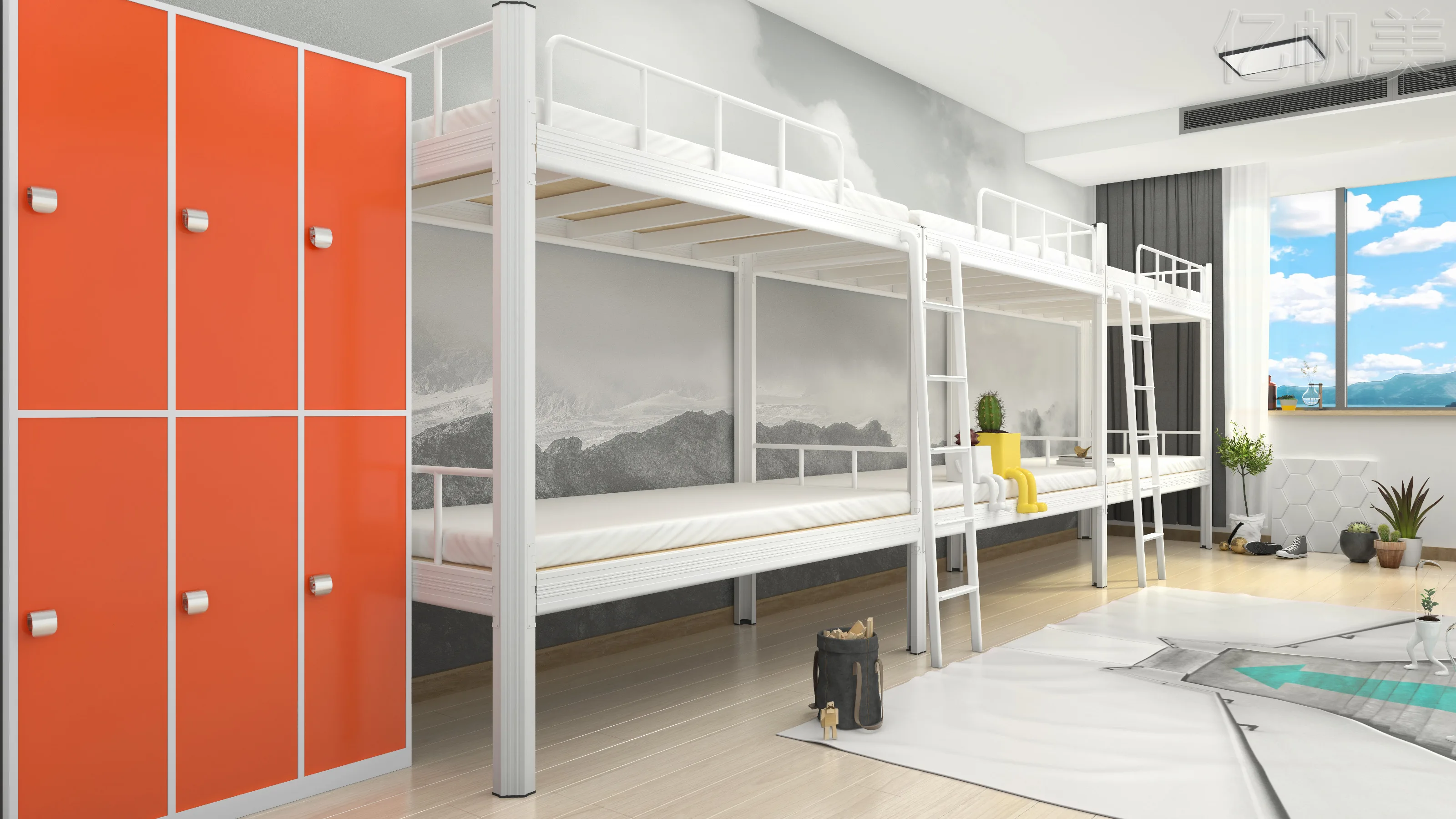 Hostel Dormitory Furniture Bunk Bed with Table and Wardrobe Metal Loft Bed for Adult