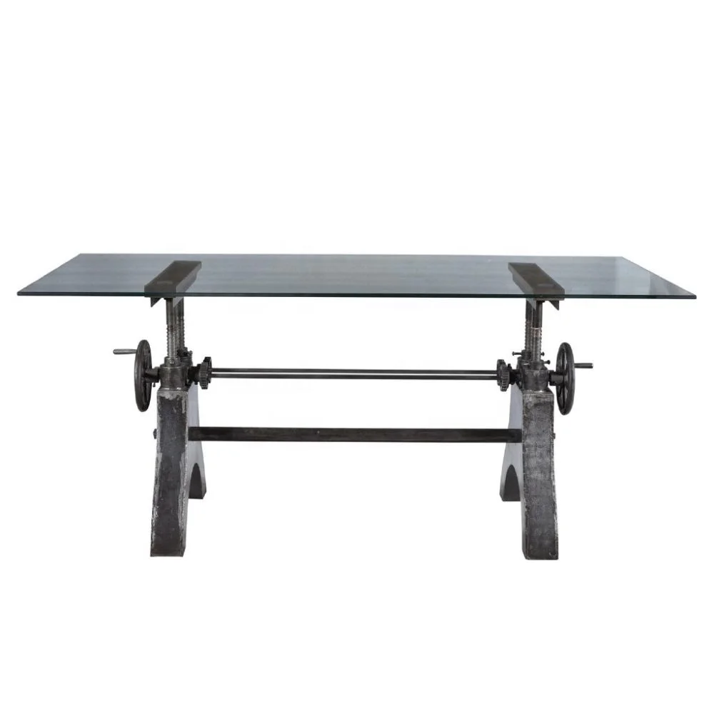 Винтажный промышленный обеденный стол со стеклянным механизмом, обеденный стол Jodhpur, деревенский регулируемый обеденный стол с коленчатым механизмом, индийский обеденный стол с коленчатым механизмом