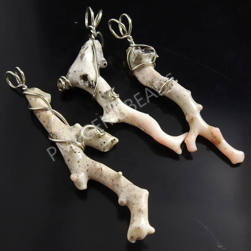 Natural White Coral Polished Rough Sticks Wire Wrapped Silver Plated Metal Pendent One Of A Kind Wholesale Supplies