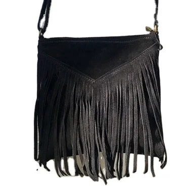 Cross body bag for Women Boho suede leather Bag in Black with Fringe for Wholesale. Messenger Bag in Soft Genuine Suede Leather