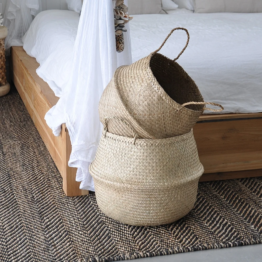 Natural Round Woven Seagrass Belly Basket for Storage, Laundry, Picnic, Plant Pot Cover