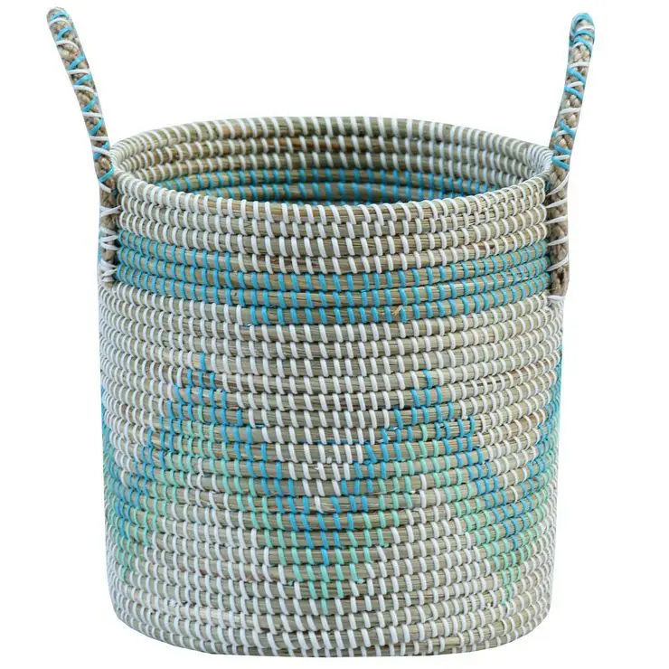 High Quality zigzag Seagrass Basket Blue color handcrafted in Vietnam Baskets Home storage organization Wicker baskets