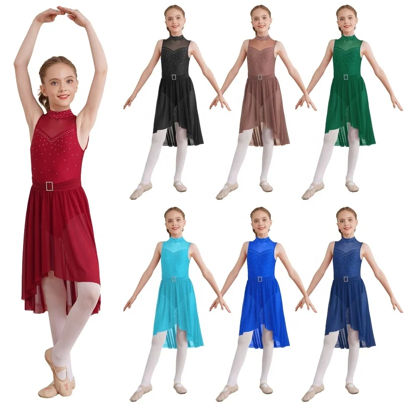 6-16 Kids Girls Lyrical Modern Dance Dresses Sleeveless Built-In Briefs Dance Leotard Dress Dance Costumes Modern
