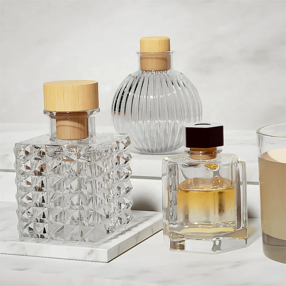 Custom Attar Bottles Ribbed Refillable Perfume Glass Spray Reed Oil Diffuser Bottle with Cork Stopper