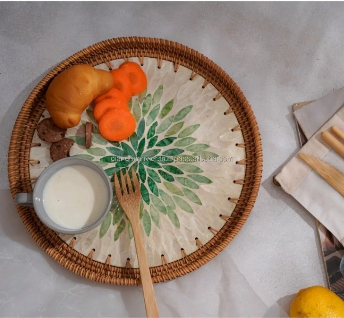 Hot Selling Amazon Wholesale Rattan Mother of Pearl inlay Serving Trays from Vietnam low MOQ