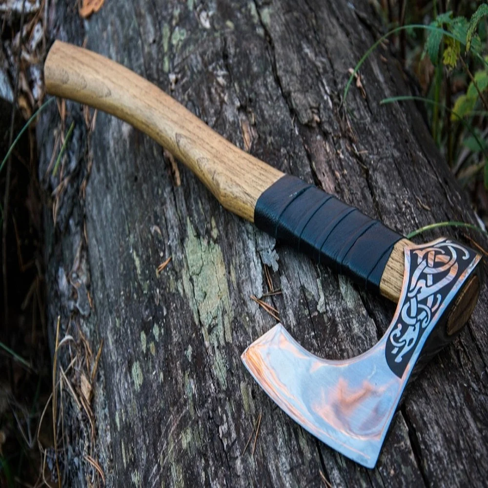 Топор ручного изготовления из 5160 стали с Гравированными ручками и кожаной обмоткой