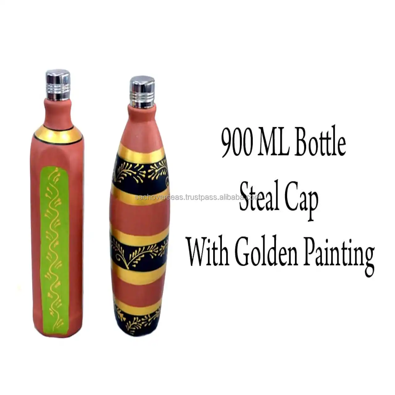 Handmade Earthen Clay Water Bottle With Unique Traditional Painting and Steel Lid For Drinking Water 900 ML