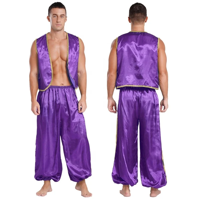 Mens Halloween Arabian Prince Satin Sets Vest Top And Pants Suits For Fairy Tales Cosplay Belly Dance Halloween Stage Costumes