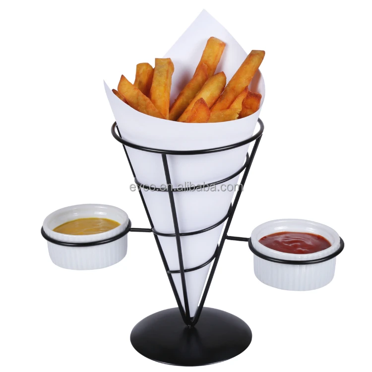 Wrought Iron French Fries Cone Holder Set in Black Powder Coated Surface with 2 Ceramic Ramekins