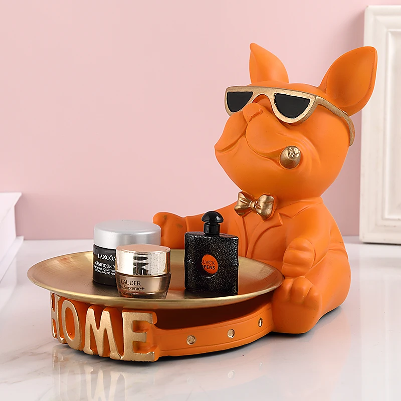 Resin Dog Sculpture Design Statue French Bulldog Butler with Metal Tray for Keys Holder Home Decor Animal Ornaments Nordic Art