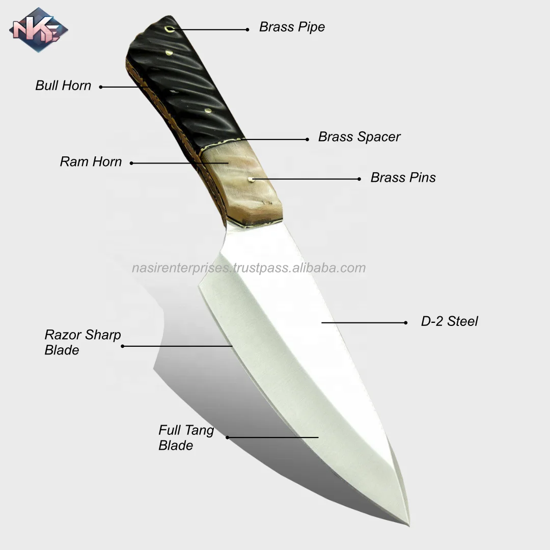 Best Selling Hand Crafted Camping Knife D-2 Steel Hunting Knife with Bull & Ram Horn Handle and Cow Hide Leather Sheath