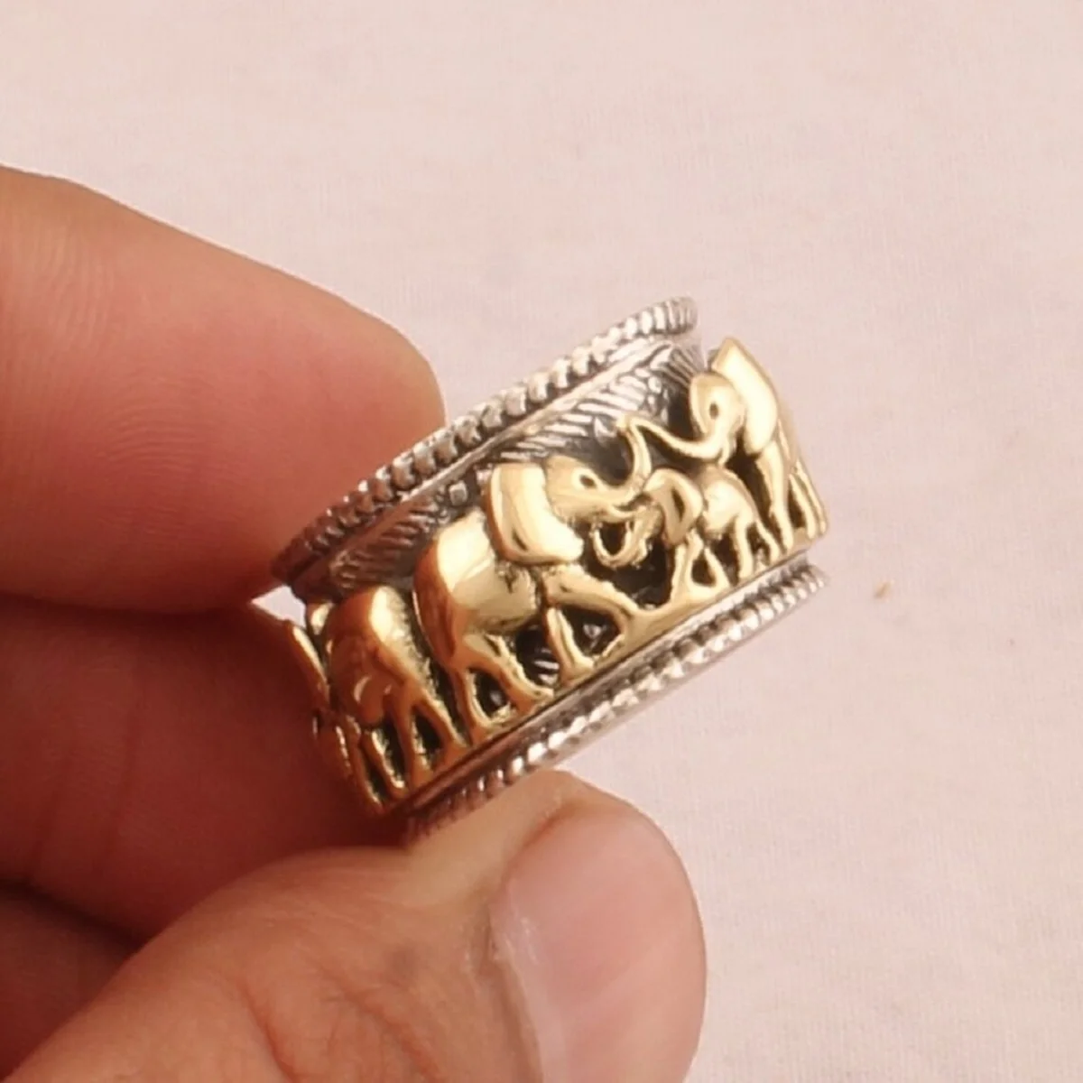 Семья слонов Спиннер кольцо-925 стерлингового серебра и латуни женская дизайнерская обувь со стразами ручной работы; Старину Серебряные резные медитации кольцо