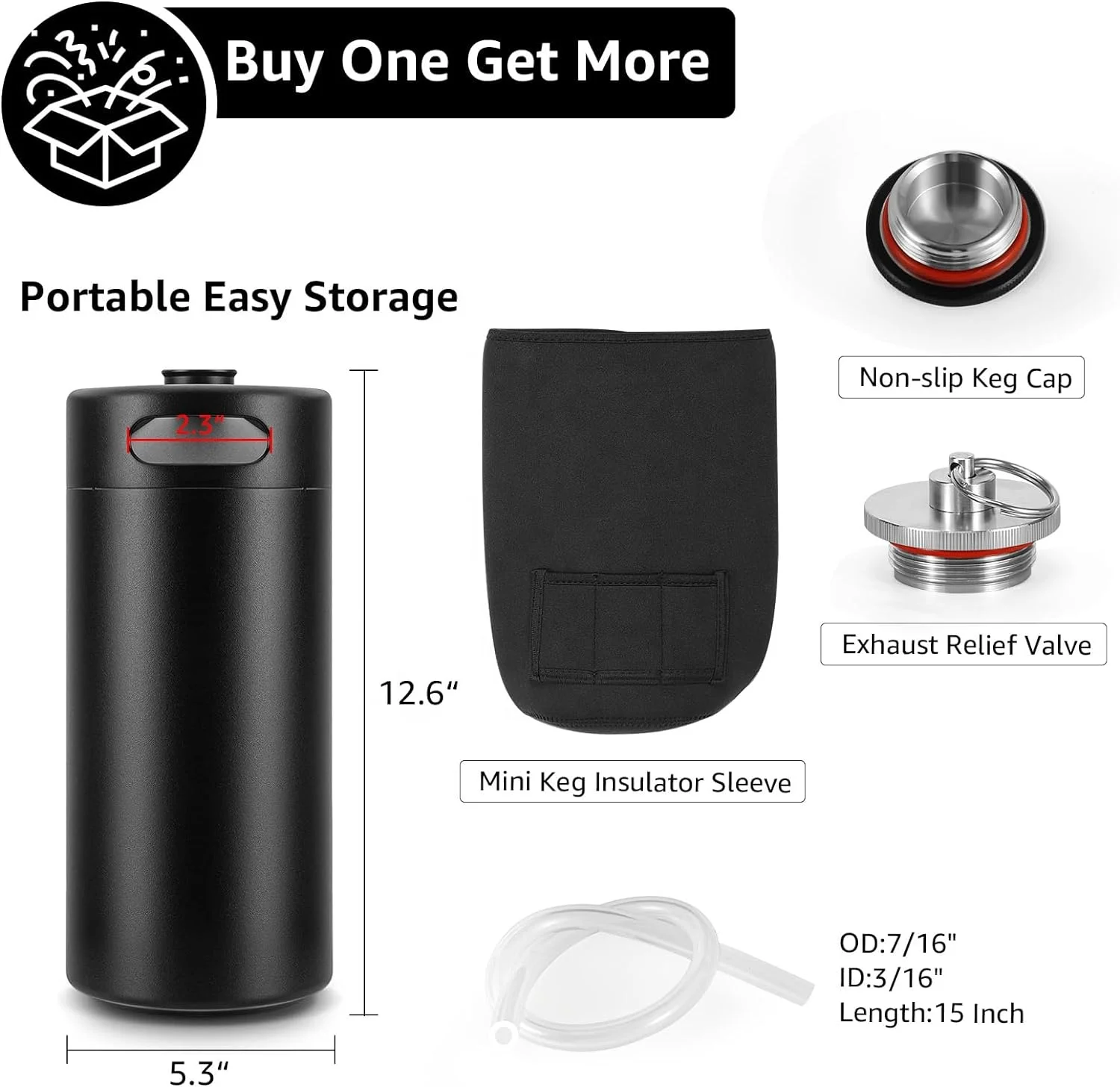 128 OZ Matte Black Powder Portable Stainless Steel 304 Mini Keg Growler with Exhaust Valve Cap Insulator Sleeve Seal Knob Cover
