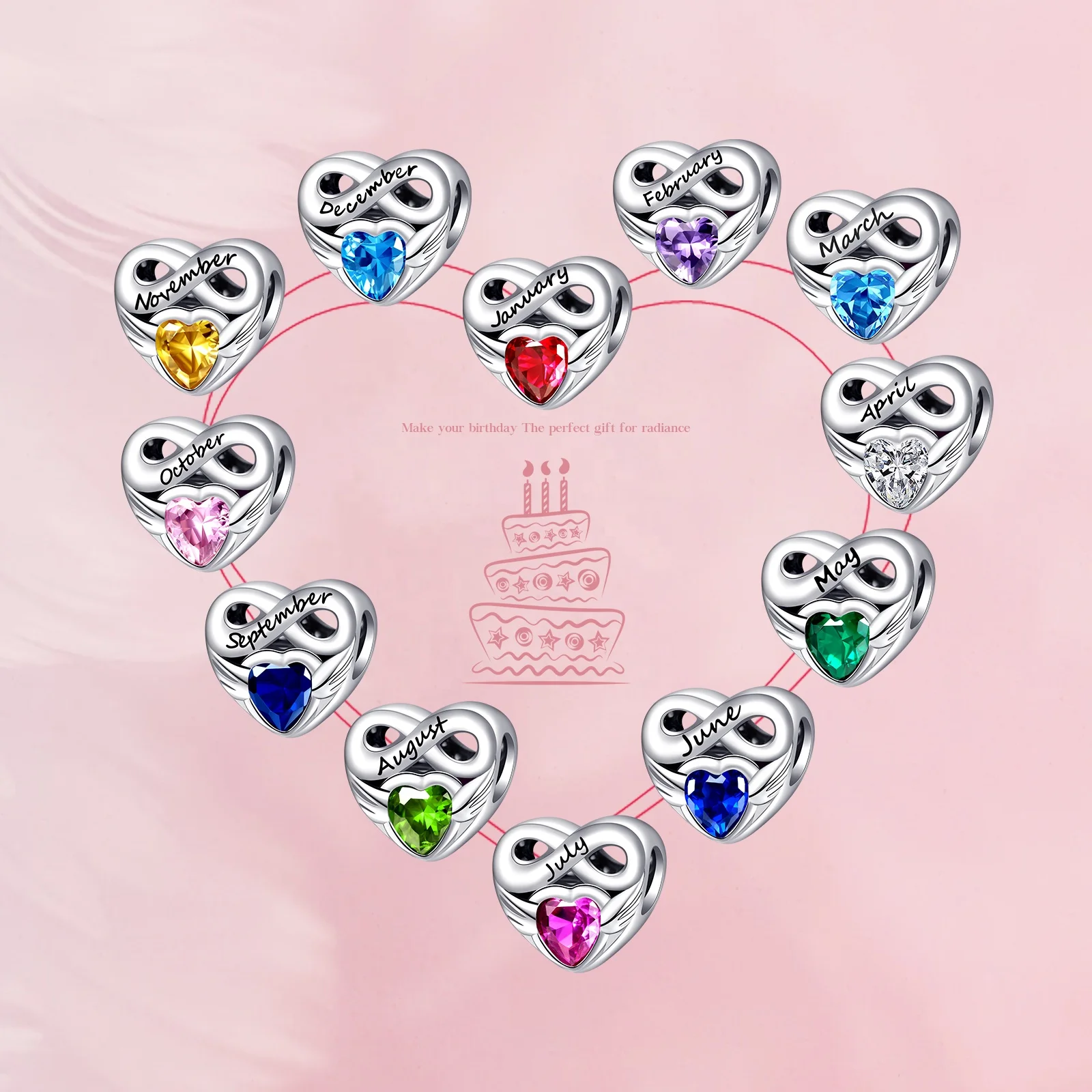Original Birthstone Heart Charms Compatible With Bracelet  pandora Genuine 925 Sterling Silver For Women Jewelry DIY Making