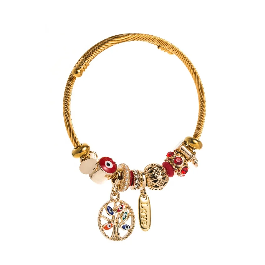 New 18K Gold Plated Cz Colorful Beady Enamel Devil Eye Tree Pendant Bracelet Multicolour Oil Dripping Evil Eyes Pendant Bangle