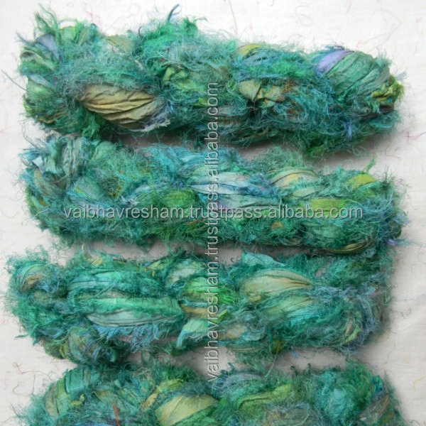 Recycled Sari Silk Dark Forest Green Fuzzy Ribbon For Knitting & Craft Work