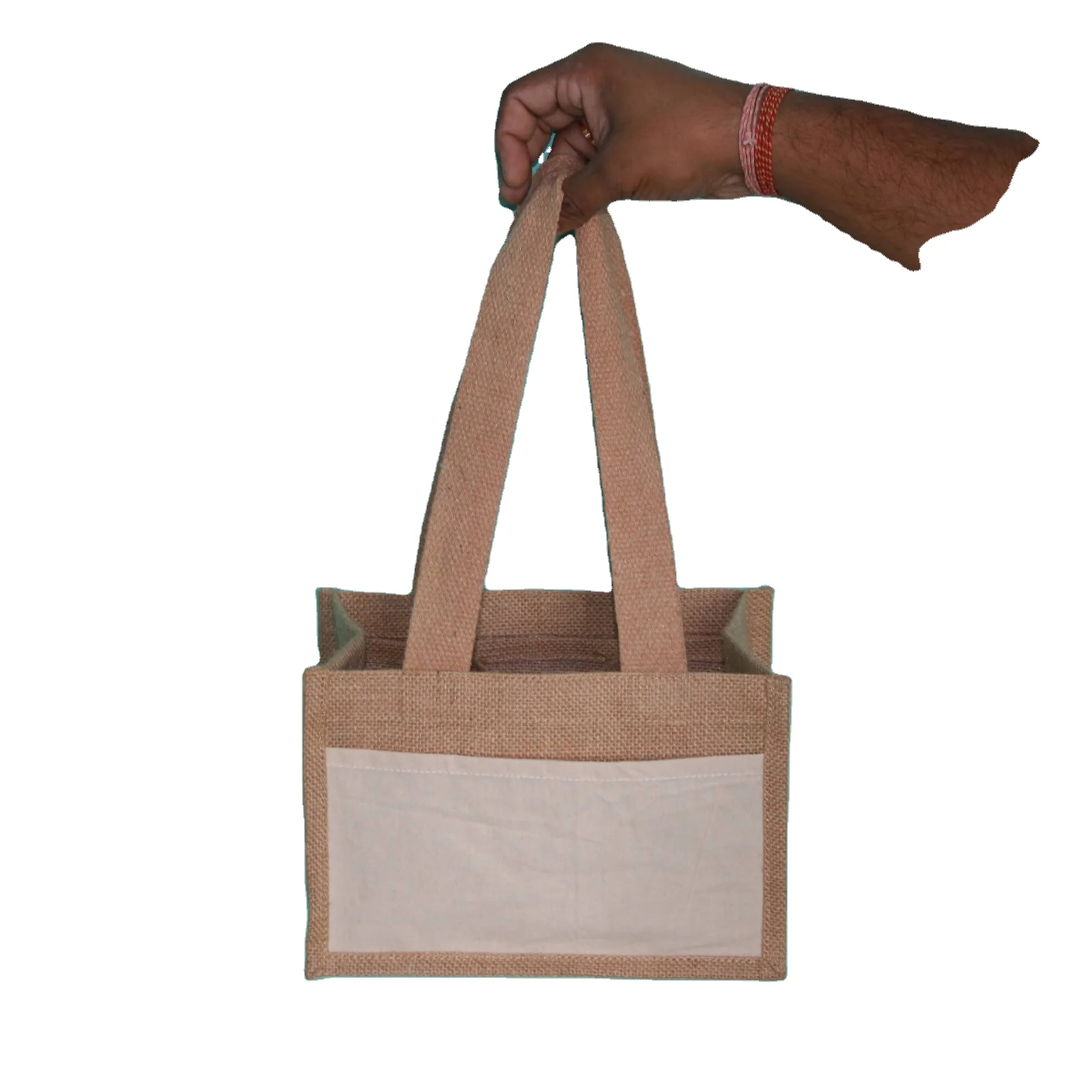 True 6 Bottle Wine Bag with Divider Natural Burlap Jute with front pocket Customizable Reusable Wine Bottle Carrier