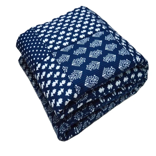 Детское одеяло ручной работы цвета индиго Kantha хлопковое двустороннее лоскутное синее детское