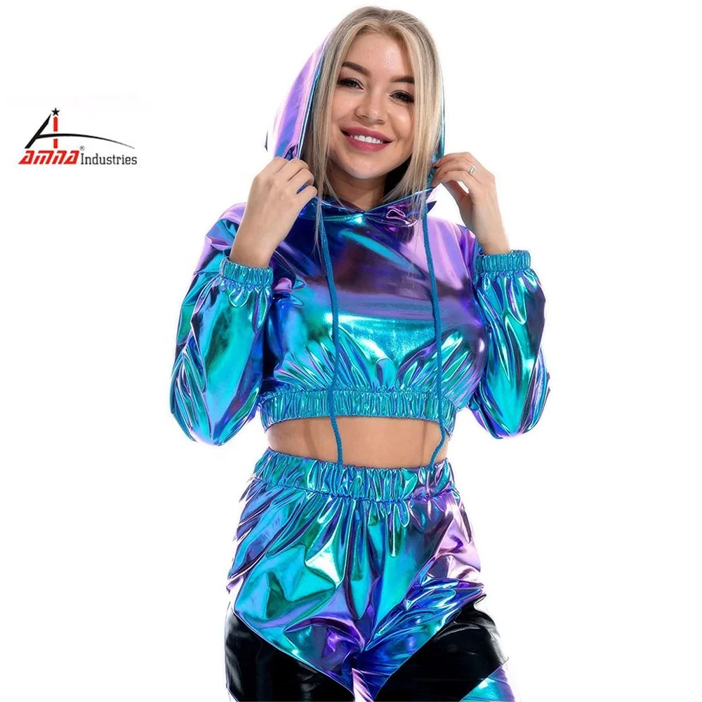Shiny Metallic Crop Hoodies for Women Long Sleeve Wet Look Stretchy Pullover  Sweatshirts Crop Tops Club Wear