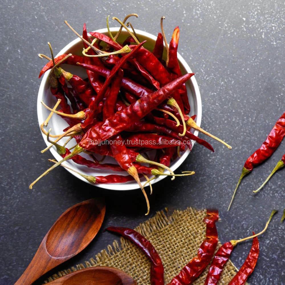 Spicy Fiery Smoky Pungent Teja Red Dried Chilli Complex Heat with Stem Custom Packaged in Bag or Bulk