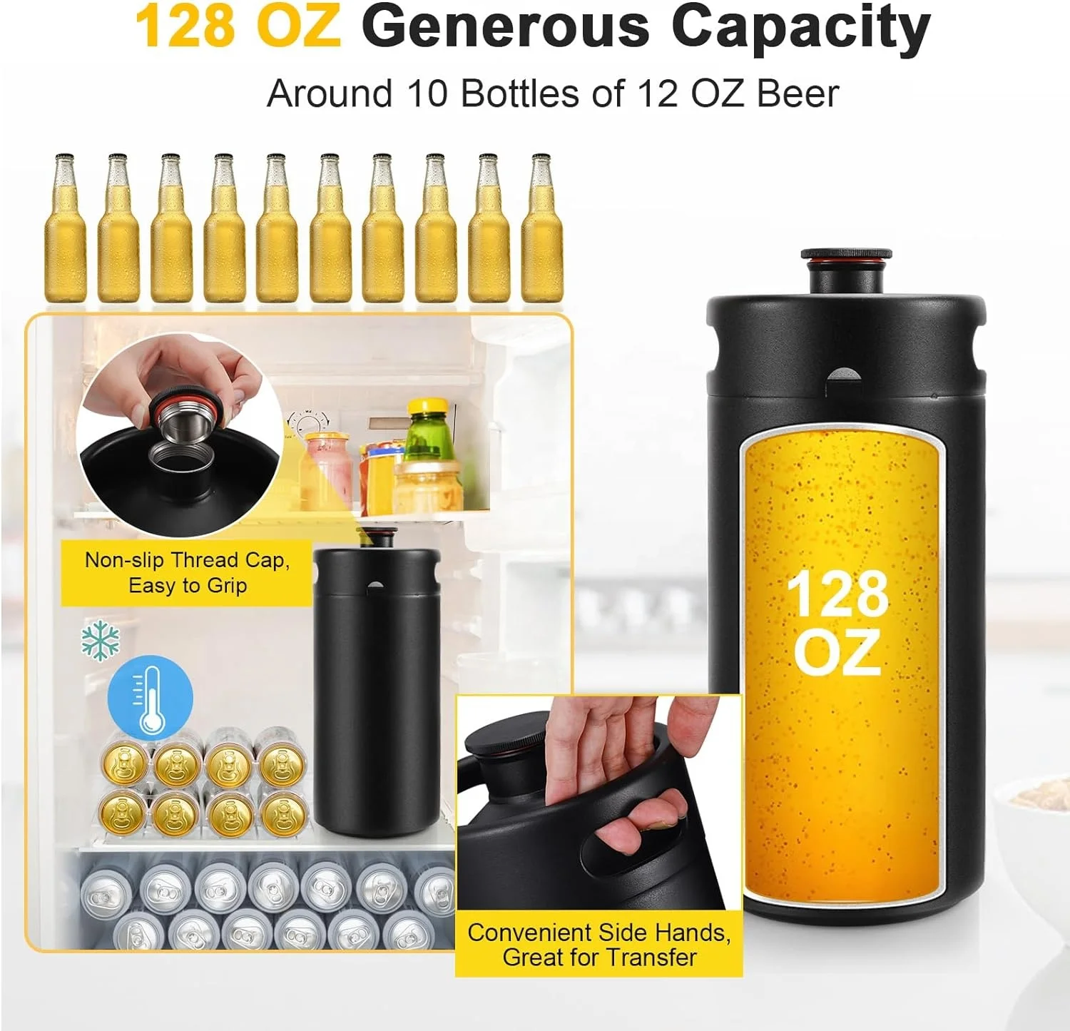 128 OZ Matte Black Powder Portable Stainless Steel 304 Mini Keg Growler with Exhaust Valve Cap Insulator Sleeve Seal Knob Cover