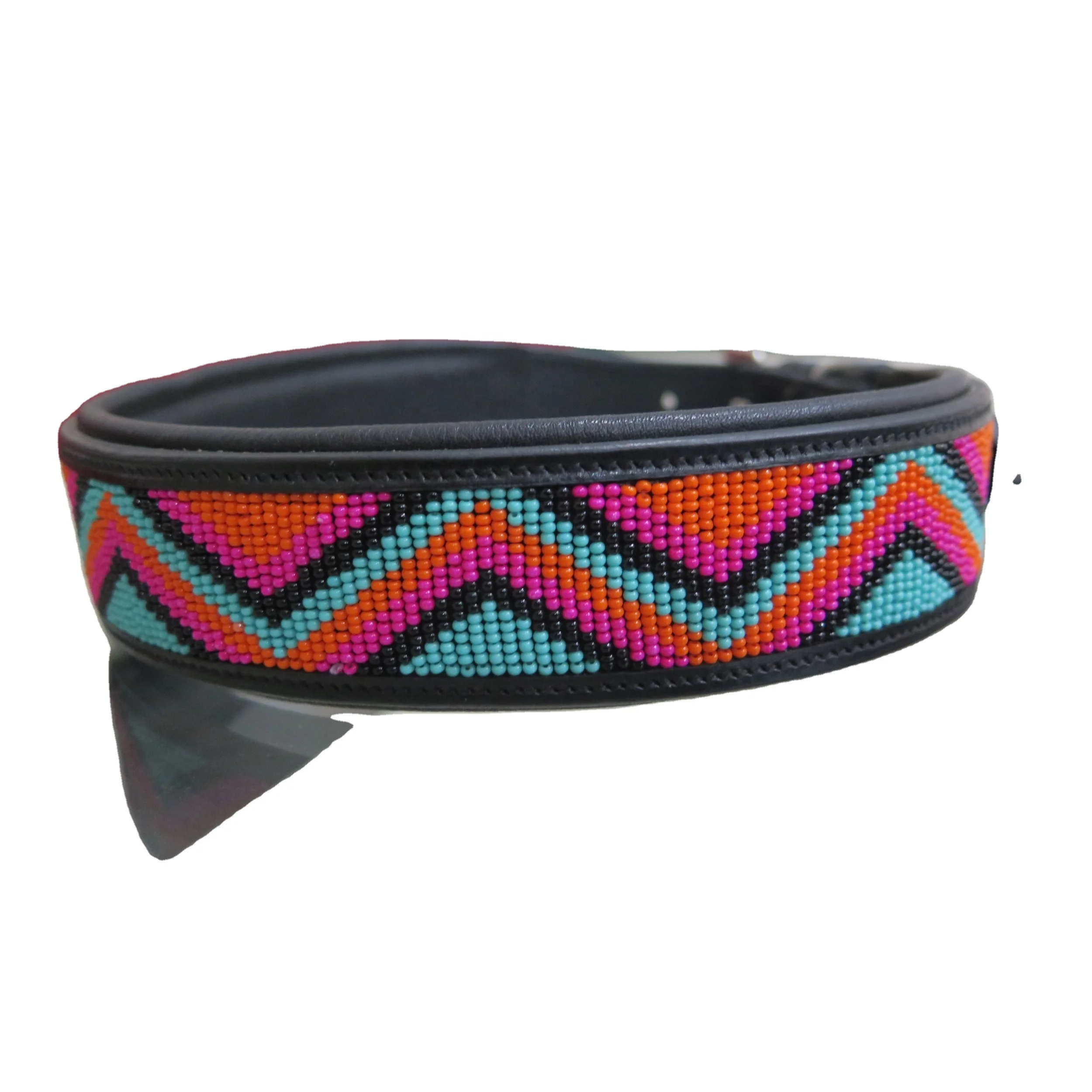 Top Quality Indian DD Leather Wide Beaded Dog Collar