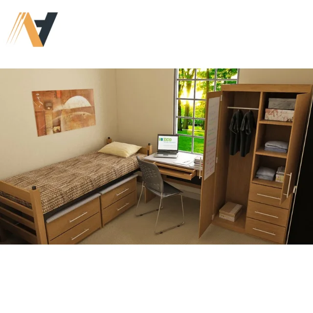 The wardrobe has sliding doors, made from solid wood. Modern wardrobe set for hotels and student motels. Brand Ngoc Hoang Anh.
