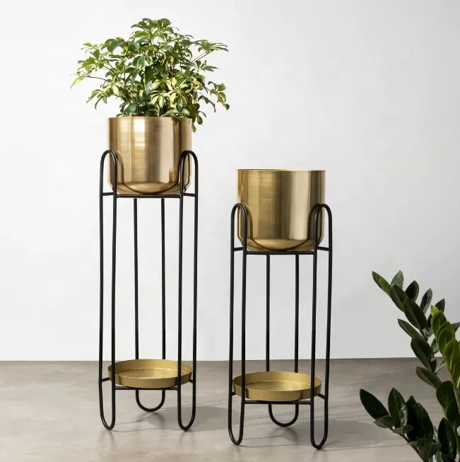 Customizable High Quality Metal Decorative Set 2 Black Gold Finish Indoor Outdoor Nursery Floor Racks Garden Pots Design