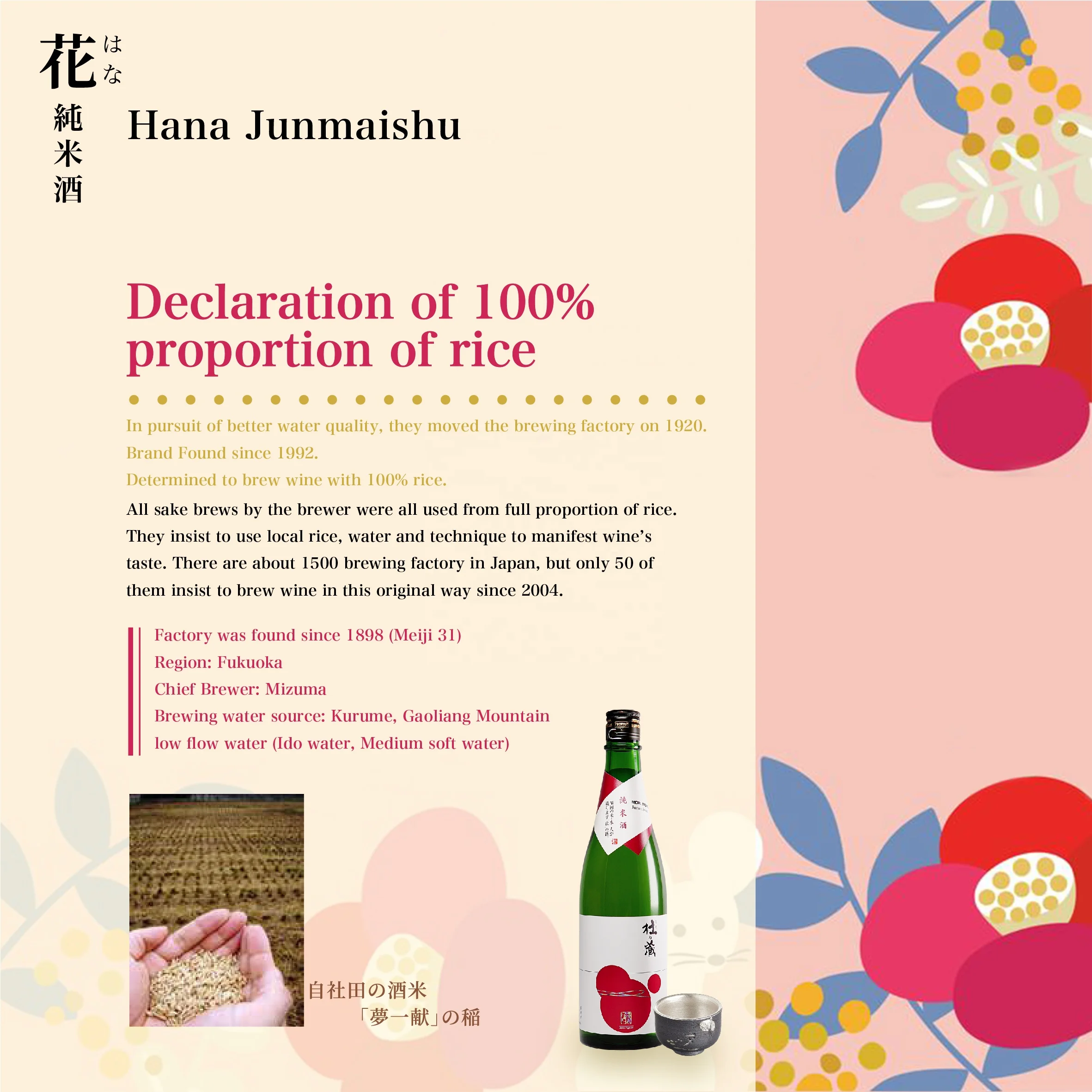 Hana High Quality Junmaishu Popular Japan Sake Wine Beverage 300ml per bottle