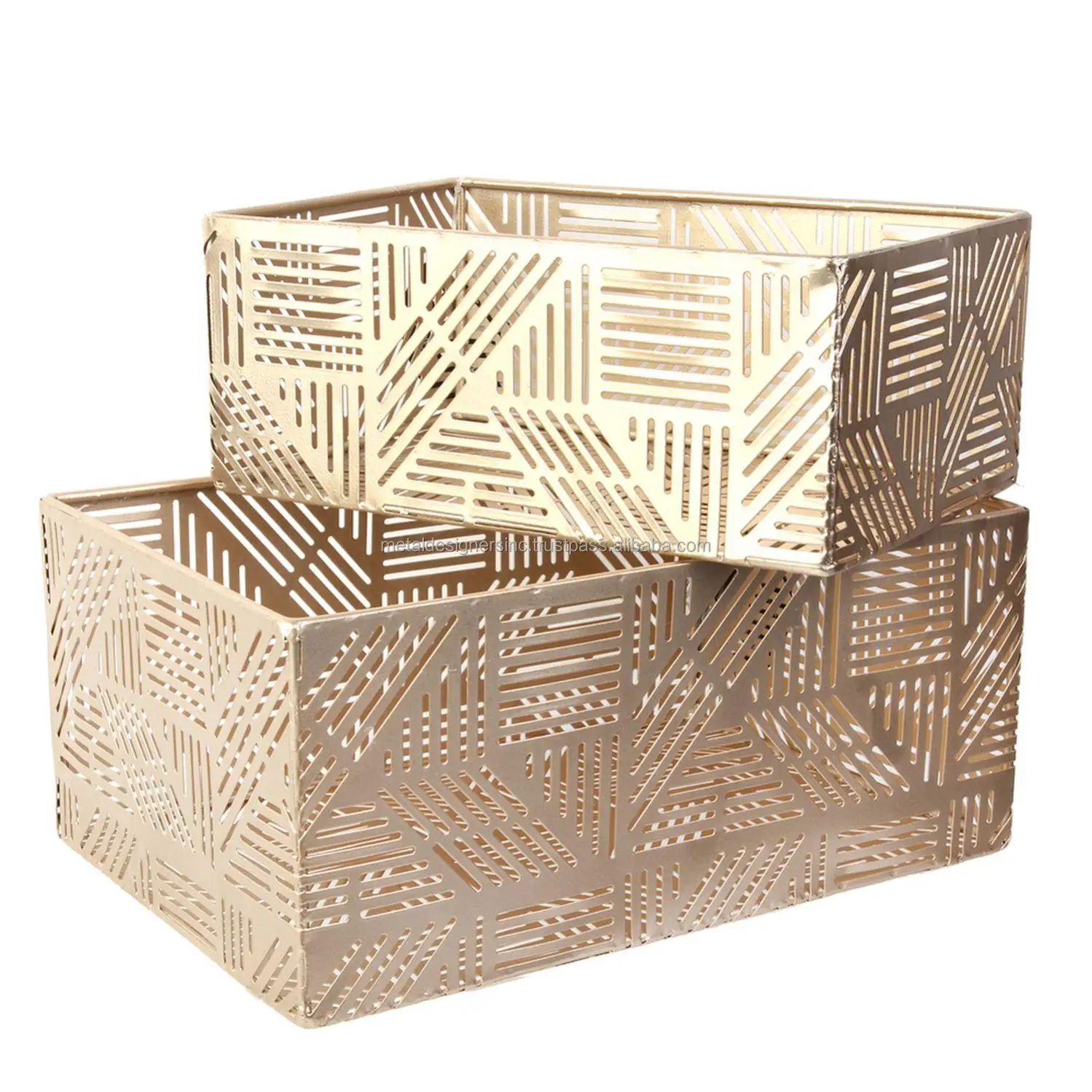 Set/2 Gold Rectangular etching Metal baskets Openwork Metal Storage Baskets cut out design baskets gold plating
