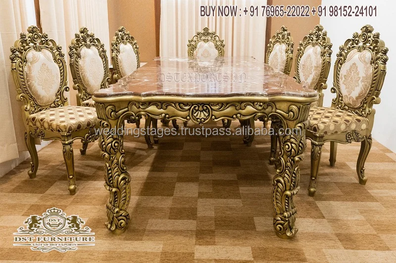 Persian Style Gold Leaf Dining Room Furniture Royal Shine High Gloss Polish Dining Table Luxury Turkish 8-Seater Dining Table