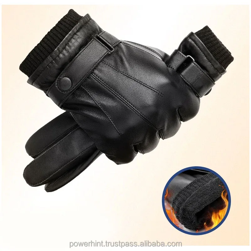 Men Genuine Sheepskin Leather Gloves Autumn Winter Warm Touch Screen Gloves High Quality Full Finger Black Gloves