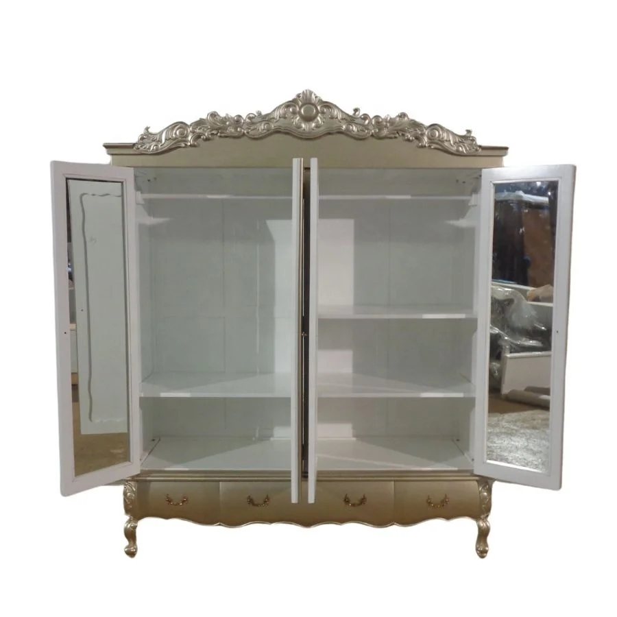 French Style Armoire Wooden Rococo Wardrobe in Knock Down Furniture Antique Reproduction Closet for Bedroom Furniture Set