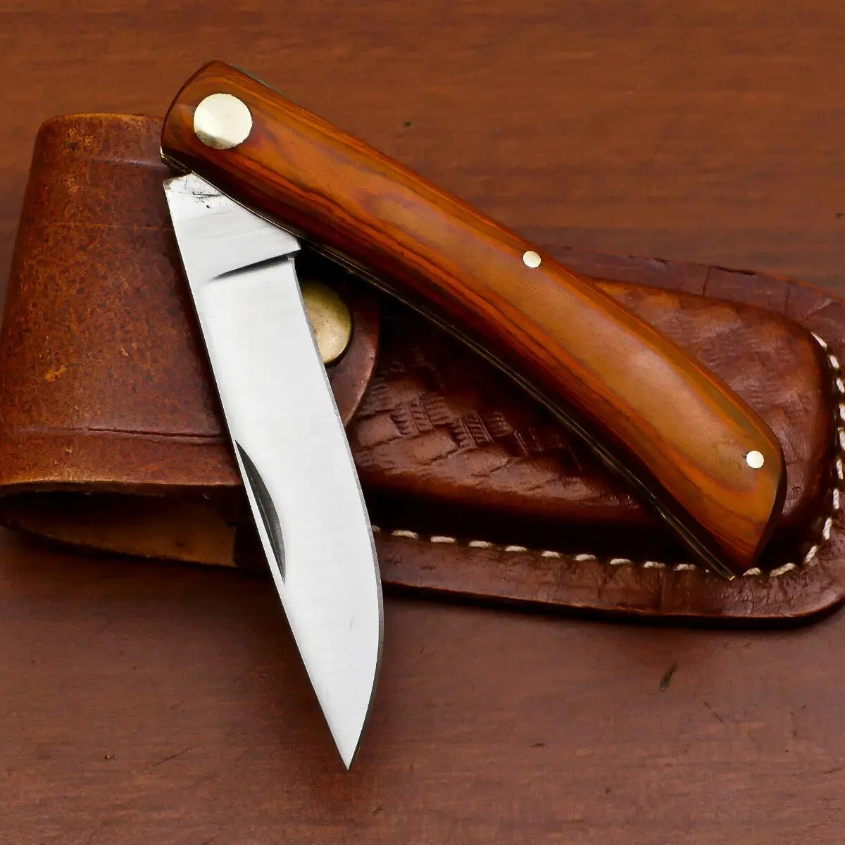 Custom Handmade Damascus Steel Pocket  Folding knives With Wood Handle And leather Sheath