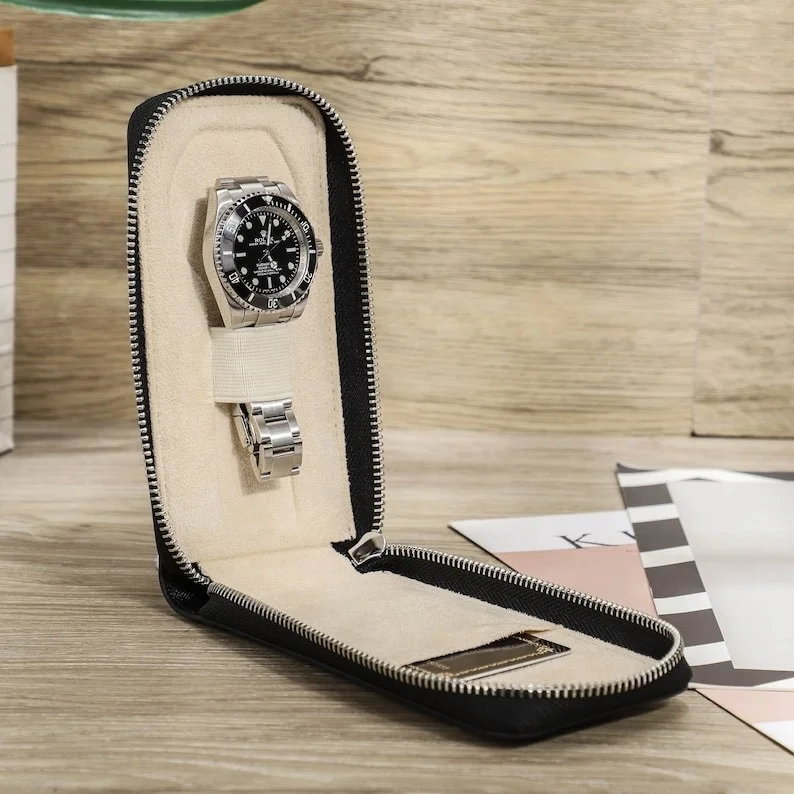 Pu Leather Luxury Watches Travel Case Double Slots Wrist Watch Storage Box With Zipper WR-0015