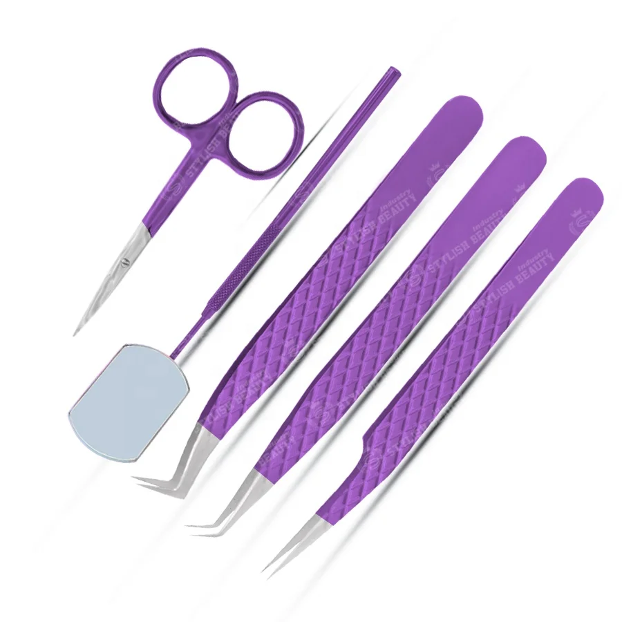 High Quality Professional Eyelash Extension Tweezers Hot Pink Color Custom Logo Eyelash Tweezers With Mirror And Scissor Set