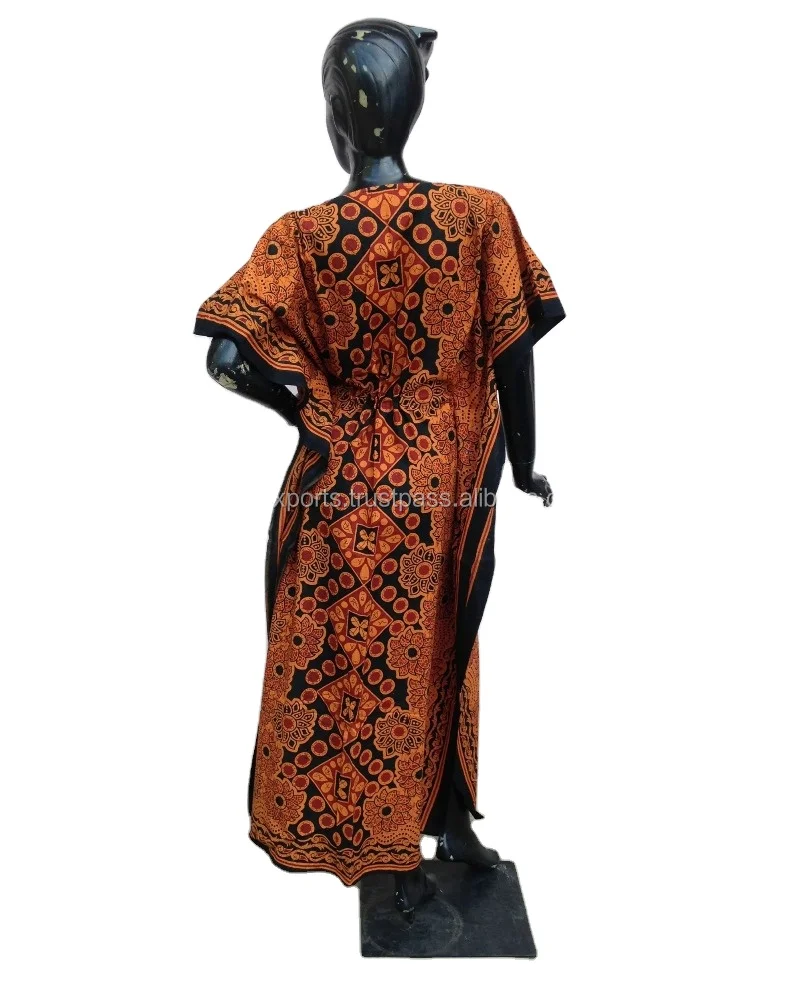 India Jaipur Karni latest 100% cotton orange black color floral printed kaftan dresses summer wear kaftan for women