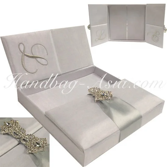 Monogram Embroidered Rhinestone Brooch Embellished White Wedding Invitation Box
