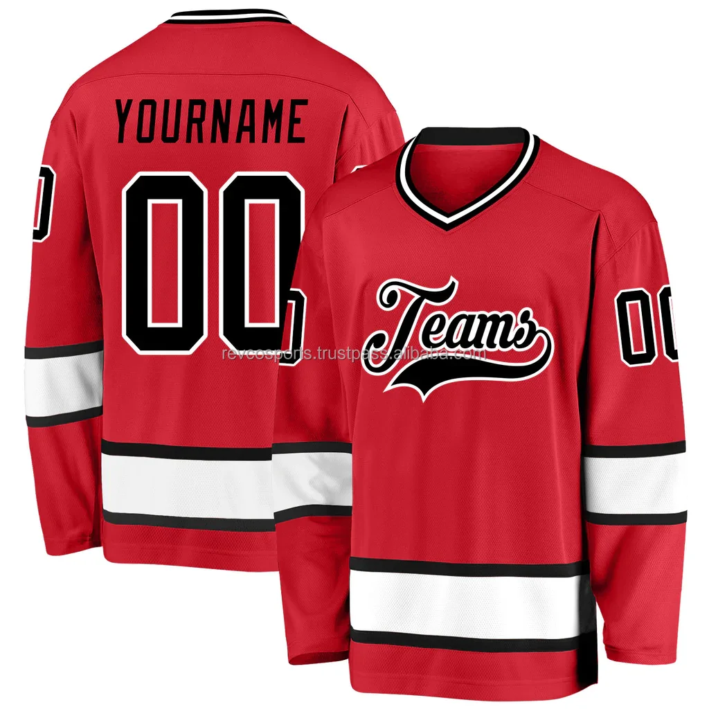 Sublimation printed red and white ice hockey jersey for men custom team name tackle twill vintage ice hockey jerseys