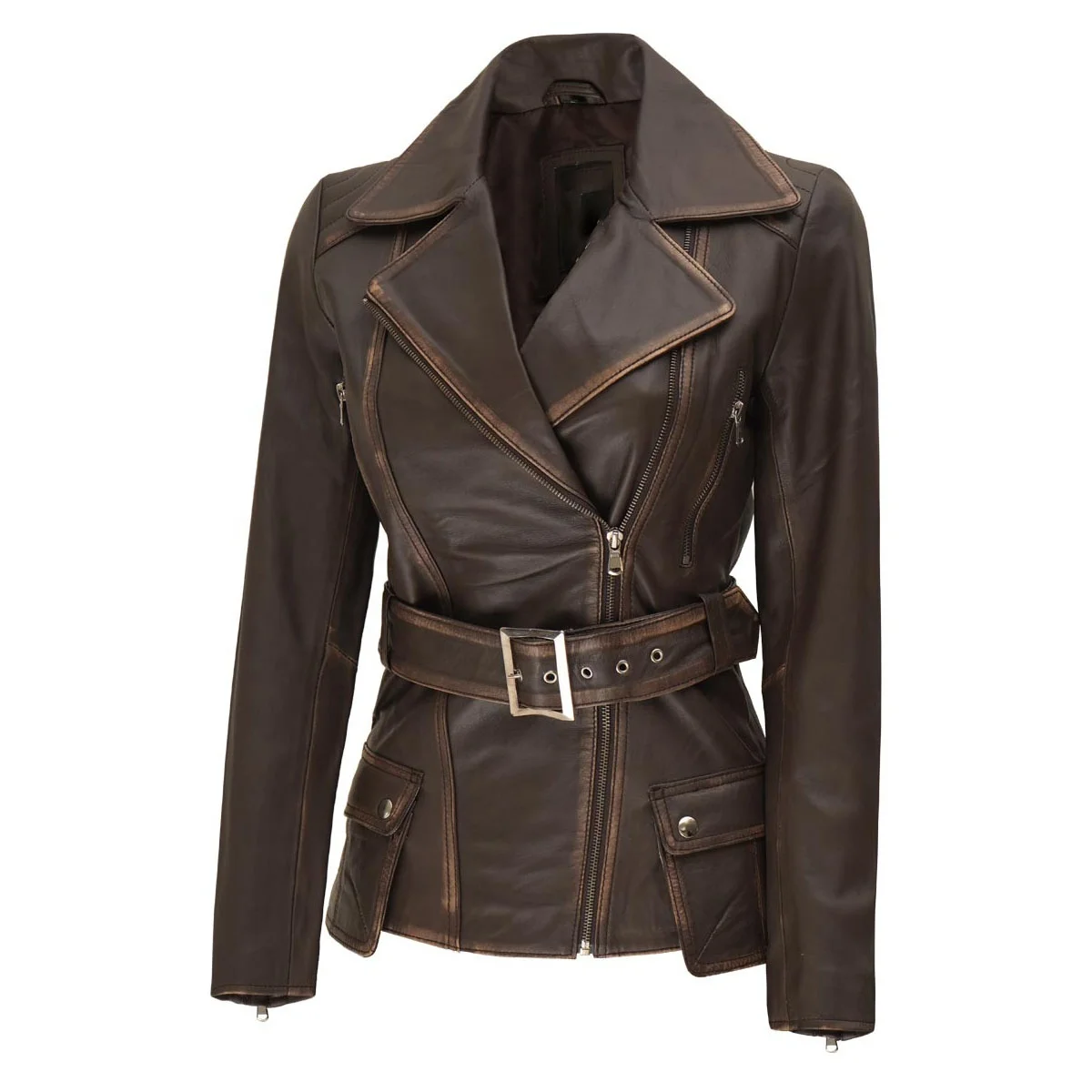 Super New Stylish Womens Brown Asymmetrical Distressed Long Leather Jacket Fully Customized With Two zipper and two flap pockets