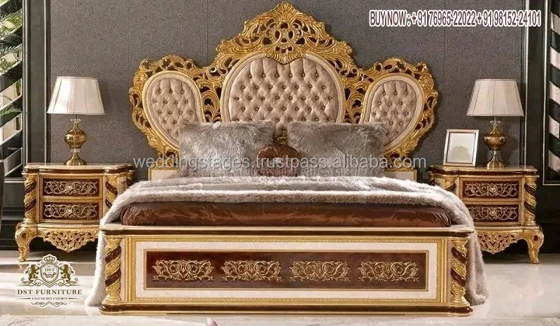 Classic Design Louis Bed Frame with Side Tables Latest Design Bed With Side Tables Best Classical Design Bedroom Furniture