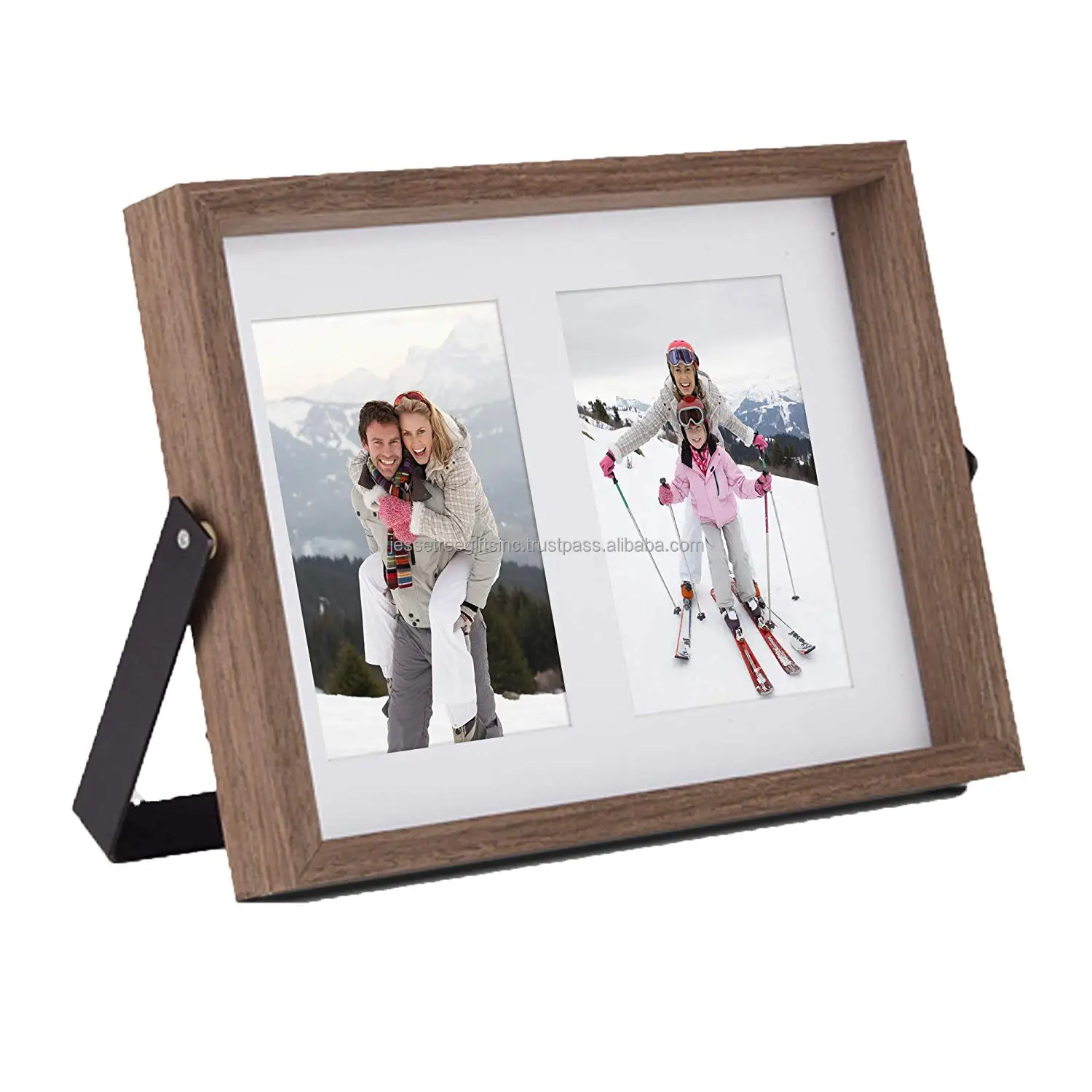 Wooden Desk Photo Frame With Natural Wood Polish Finishing Rectangular Shape Black Metal Handle For Home Decoration