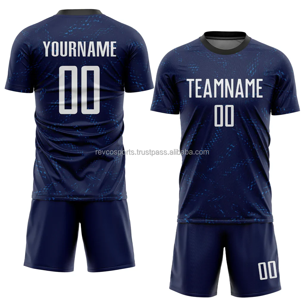 Wholesale polyester navy blue soccer uniform custom team name embroidery soccer uniforms team sets good quality soccer uniforms