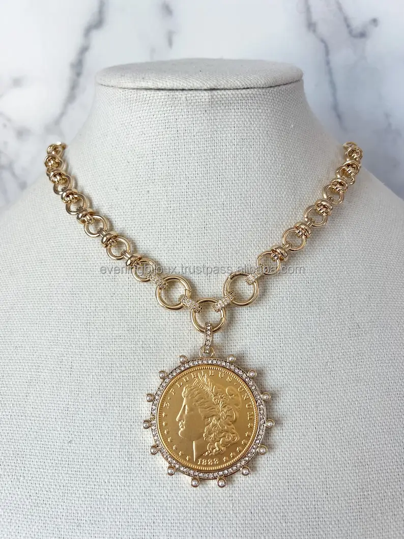 Vintage Coin Necklace Gold Statement Gold Chunky Large Coin Pendant XL Coin Pendant Necklace for Jewelry